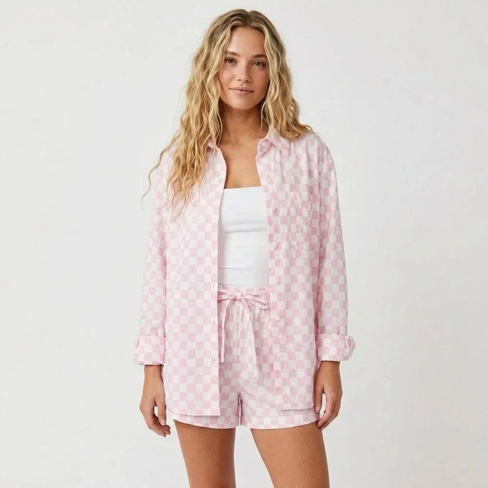 WAYF '98 NWT Pink Checker Matching Set Button Up Shirt Shorts Small Preppy
